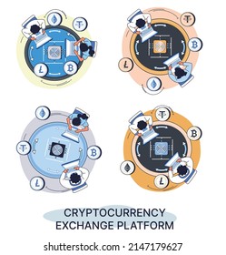 Cryptocurrency exchange and blockchain. Bitcoin mining, Ethereum exchange platform to trade digital money metaphor, investment technology. Online money market, finance trading. Ecurrency transactions