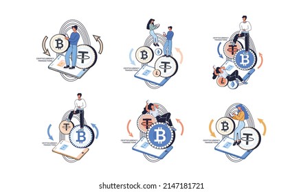 Cryptocurrency exchange and blockchain. Bitcoin mining, Ethereum exchange platform to trade digital money metaphor, investment technology. Online money market, finance trading. Ecurrency transactions