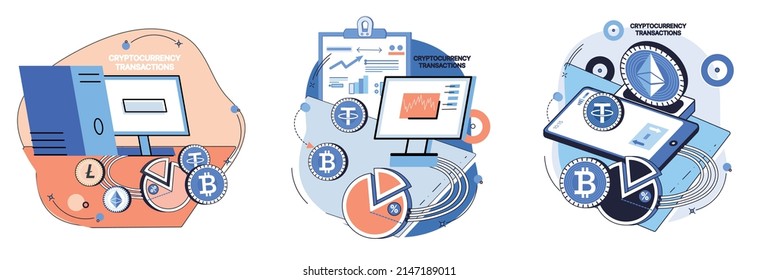 Cryptocurrency exchange y blockchain. Minería de bitcoin, plataforma de intercambio de etéreo para el comercio de metáfora digital de dinero, tecnología de inversión. Mercado de dinero en línea, operaciones financieras. Transacciones de divisa