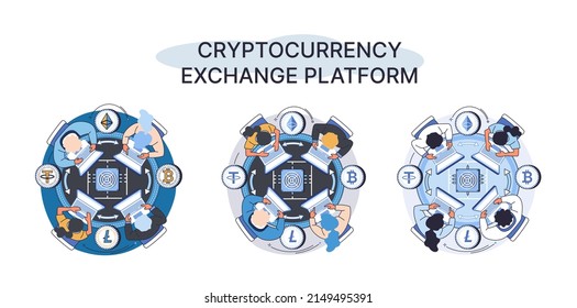 Cryptocurrency exchange and blockchain. Bitcoin mining, Ethereum exchange platform to trade digital money metaphor, investment technology. Online money market, finance trading. Ecurrency transactions