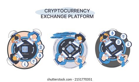 Kryptowährungsaustausch und Blockchain. Bitcoin-Bergbau, Ethereum-Börsenplattform für den Handel mit digitalen Geld-Metapher, Investitionstechnologie. Online-Geldmarkt, Finanzhandel. Devisengeschäfte
