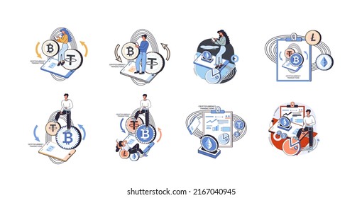 Cryptocurrency exchange and blockchain. Bitcoin mining, Ethereum exchange platform to trade digital money metaphor, investment technology. Online money market, finance trading. Ecurrency transactions