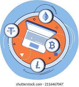 Cryptocurrency exchange and blockchain. Bitcoin wallet, Ethereum exchange platform to trade digital money, investment technology. Online money market, finance trading. Ecurrency transactions