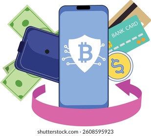 Cryptocurrency exchange, blockchain, bitcoin wallet. Safe money saving, digital currency, vector illustration electronic cash, dollar
