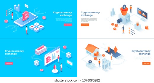 Cryptocurrency exchange and blockchain compositions set. Landing page templates. 3d isometric vector illustrations set.