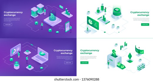 Cryptocurrency exchange and blockchain compositions set. Landing page templates. 3d isometric vector illustrations set.