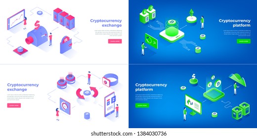 Cryptocurrency exchange and blockchain compositions set. Landing page templates. 3d isometric vector illustrations set.