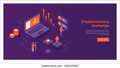 Composición isométrica del intercambio de criptodivisa y de la cadena de bloqueo. ilustración vectorial de infografías.