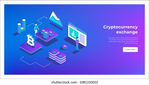 Cryptocurrency Exchange And Blockchain Isometric Composition. Infographics Vector Illustration.