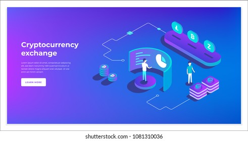 Cryptocurrency exchange y blockchain composición isométrica. ilustración vectorial de infografía.
