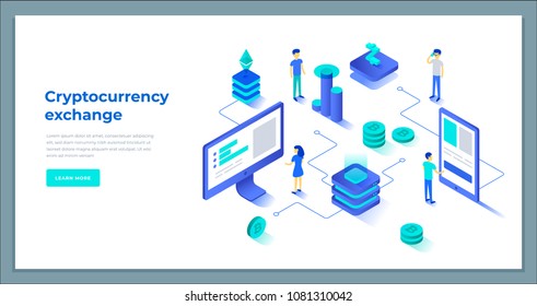 Cryptocurrency exchange and blockchain isometric composition. infographics vector illustration.