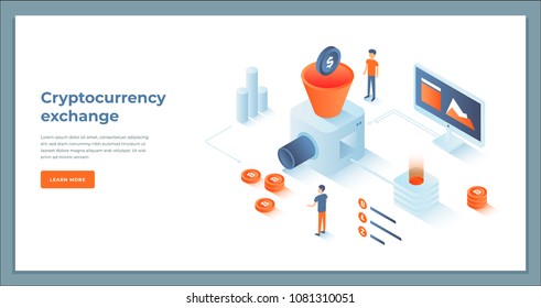 Cryptocurrency exchange y blockchain composición isométrica. ilustración vectorial de infografía.
