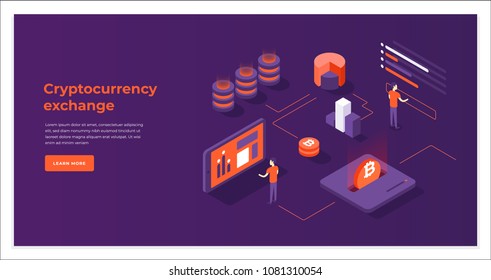 Troca de criptomoedas e composição isométrica blockchain. ilustração vetor infográfico.