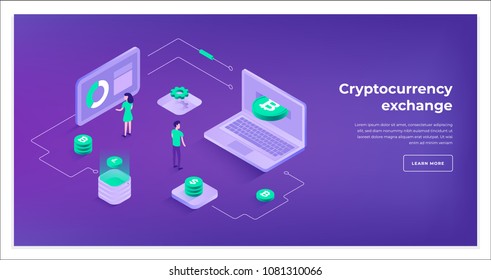Cryptocurrency exchange and blockchain isometric composition. infographics vector illustration.