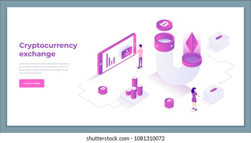 Cryptocurrency exchange y blockchain composición isométrica. ilustración vectorial de infografía.