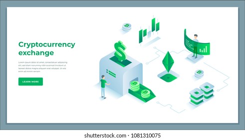 Cryptocurrency exchange and blockchain isometric composition. infographics vector illustration.