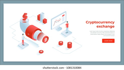Cryptocurrency Exchange And Blockchain Isometric Composition. Infographics Vector Illustration.