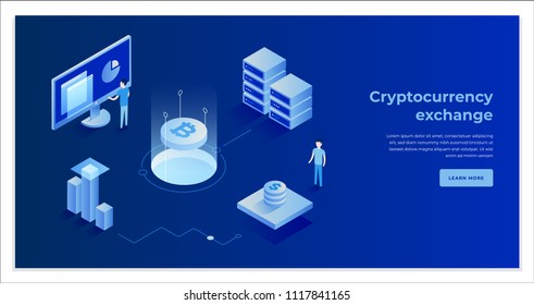 Cryptocurrency exchange and blockchain isometric composition. Good for landing page template and infographics vector illustration.