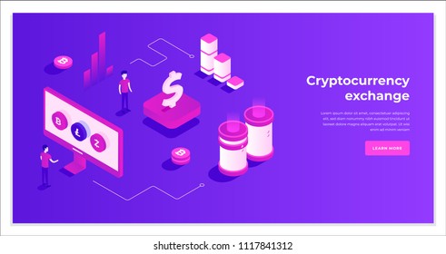 Cryptocurrency exchange and blockchain isometric composition. Good for landing page template and infographics vector illustration.