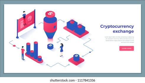 Cryptocurrency exchange y blockchain composición isométrica. Es bueno para la plantilla de página de inicio y la ilustración vectorial de infografías.
