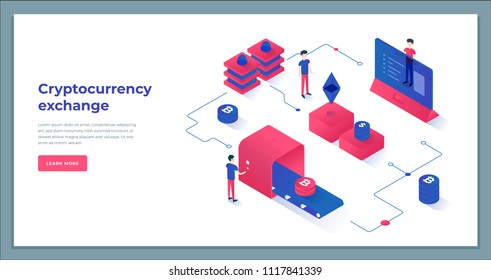Cryptocurrency exchange and blockchain isometric composition. Good for landing page template and infographics vector illustration.