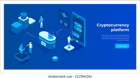 Cryptocurrency exchange and blockchain isometric composition. Good for landing page template and infographics vector illustration.