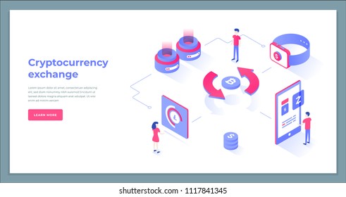 Kryptowährungsaustausch und blockchain isometrische Zusammensetzung. Gut für die Landung von Seitenvorlage und Infografik Vektorgrafik.