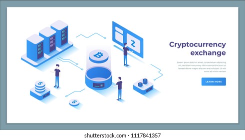 Cryptocurrency exchange and blockchain isometric composition. Good for landing page template and infographics vector illustration.