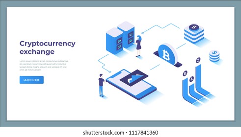 Cryptocurrency exchange and blockchain isometric composition. Good for landing page template and infographics vector illustration.