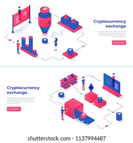 Cryptocurrency exchange and blockchain isometric composition. Good for landing page template and infographics vector illustration.
