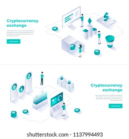 Cryptocurrency exchange and blockchain isometric composition. Good for landing page template and infographics vector illustration.