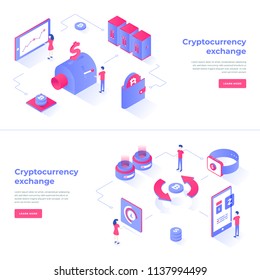 Cryptocurrency exchange and blockchain isometric composition. Good for landing page template and infographics vector illustration.