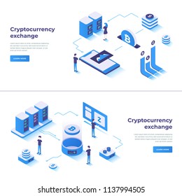 Cryptocurrency exchange and blockchain isometric composition. Good for landing page template and infographics vector illustration.