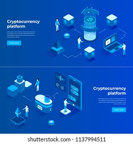 Cryptocurrency exchange and blockchain isometric composition. Good for landing page template and infographics vector illustration.