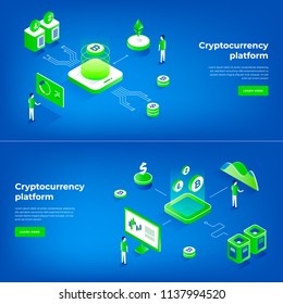 Cryptocurrency exchange and blockchain isometric composition. Good for landing page template and infographics vector illustration.