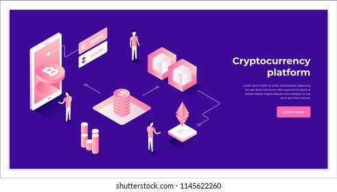 Cryptocurrency exchange and blockchain isometric composition. Good for landing page template and infographics vector illustration.