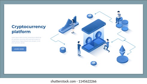 Cryptocurrency exchange and blockchain isometric composition. Good for landing page template and infographics vector illustration.