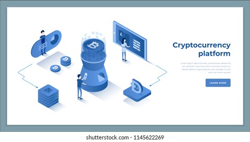 Cryptocurrency exchange y blockchain composición isométrica. Es bueno para la plantilla de página de inicio y la ilustración vectorial de infografías.