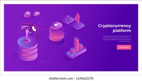 Cryptocurrency exchange and blockchain isometric composition. Good for landing page template and infographics vector illustration.