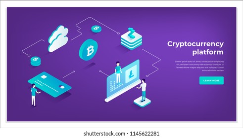 Cryptocurrency exchange and blockchain isometric composition. Good for landing page template and infographics vector illustration.