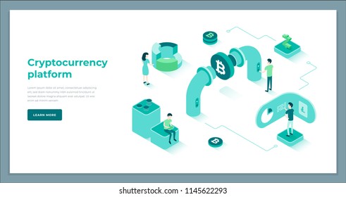 Cryptocurrency exchange and blockchain isometric composition. Good for landing page template and infographics vector illustration.