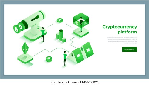 Cryptocurrency exchange and blockchain isometric composition. Good for landing page template and infographics vector illustration.