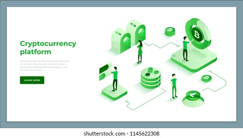 Cryptocurrency exchange and blockchain isometric composition. Good for landing page template and infographics vector illustration.