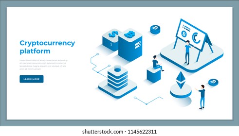 Cryptocurrency exchange and blockchain isometric composition. Good for landing page template and infographics vector illustration.