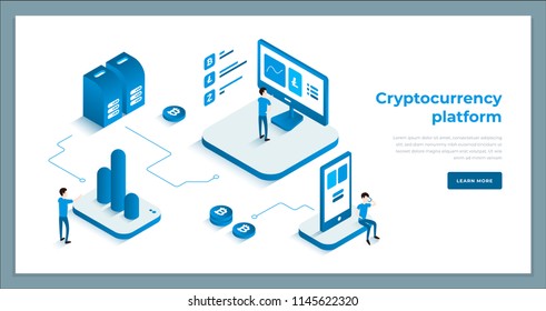 Cryptocurrency exchange and blockchain isometric composition. Good for landing page template and infographics vector illustration.
