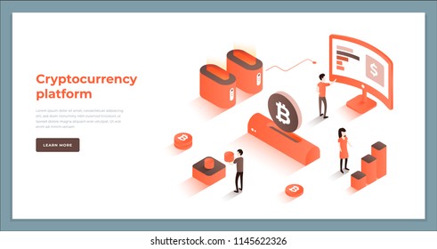 Cryptocurrency exchange and blockchain isometric composition. Good for landing page template and infographics vector illustration.