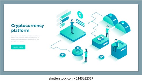 Cryptocurrency exchange y blockchain composición isométrica. Es bueno para la plantilla de página de inicio y la ilustración vectorial de infografías.