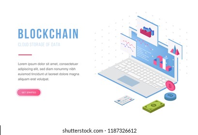 Cryptocurrency exchange and blockchain isometric composition. Good for landing page template and infographics vector illustration