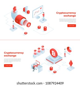 Cryptocurrency exchange and blockchain isometric compositions. infographics vector illustrations.