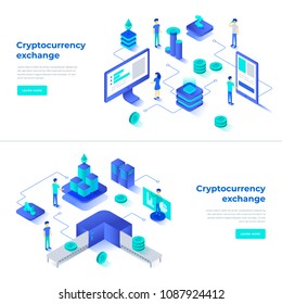 Composiciones isométricas para el intercambio de criptodivisa y la cadena de bloqueo. ilustraciones vectoriales infográficas.